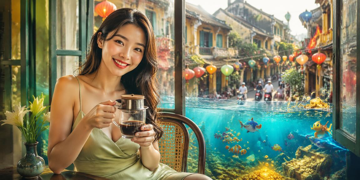 Người dùng Hà Nội xem thông tin jackpot và kiểm tra giao dịch nạp rút tiền khi uống cà phê